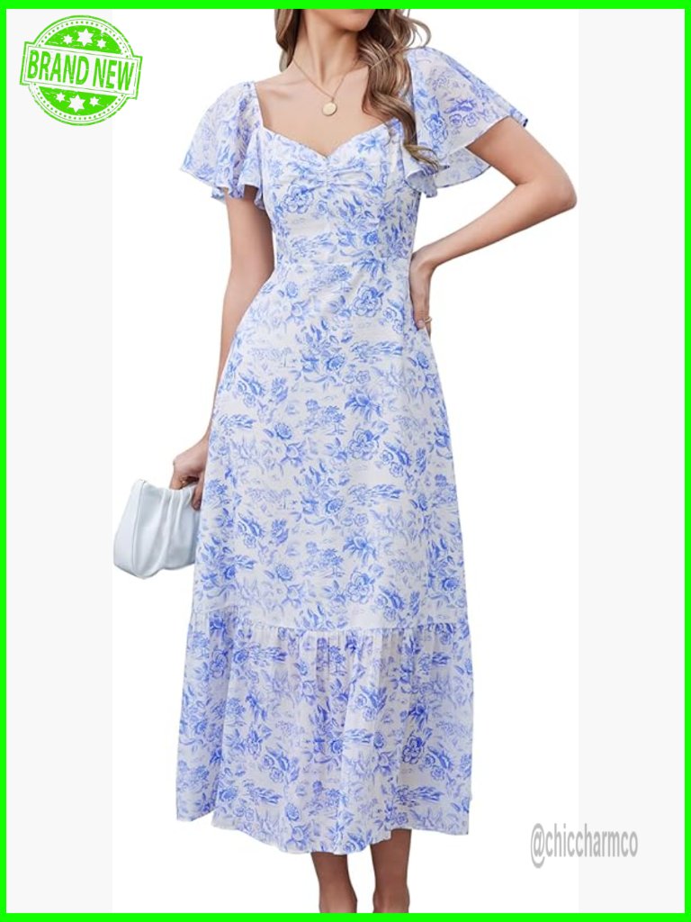 Women's Midi Floral Boho Dress Short Sleeve Ruffle Hem Smocked Sundress